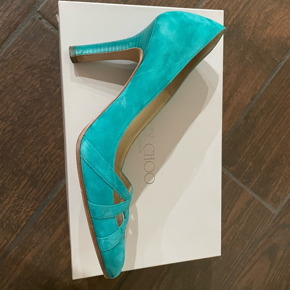 Jimmy Choo suede heels, color: peacock, size 38 (8.5)